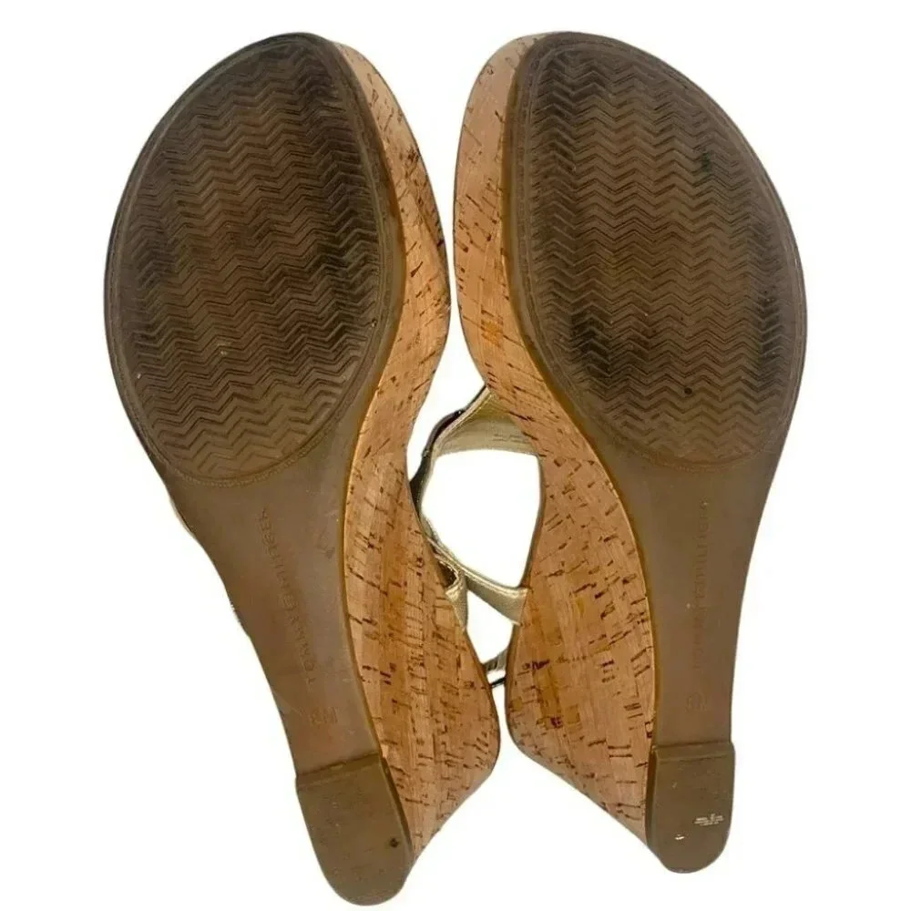 Tommy Hilfiger Wedge Sandals 8M Gold Cork Platform Thong‎ Slingback Buckle